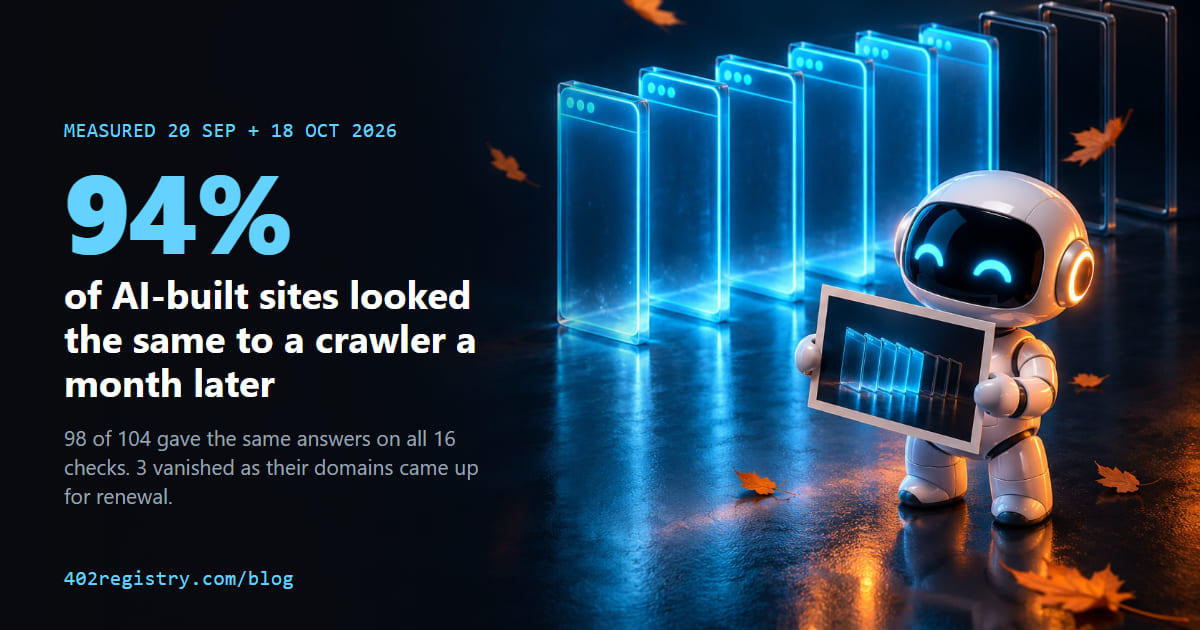 94% of AI-built sites looked the same to a crawler a month later: a robot holds an old photo up to a row of glowing glass pages.